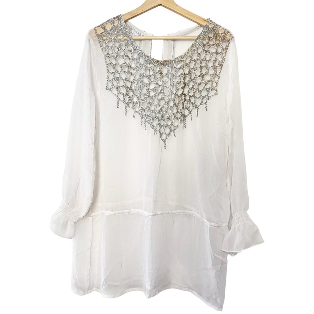 Vintage Solitaire Swim White Sheer‎ Cover Up Beaded Embellished Chiffon Top